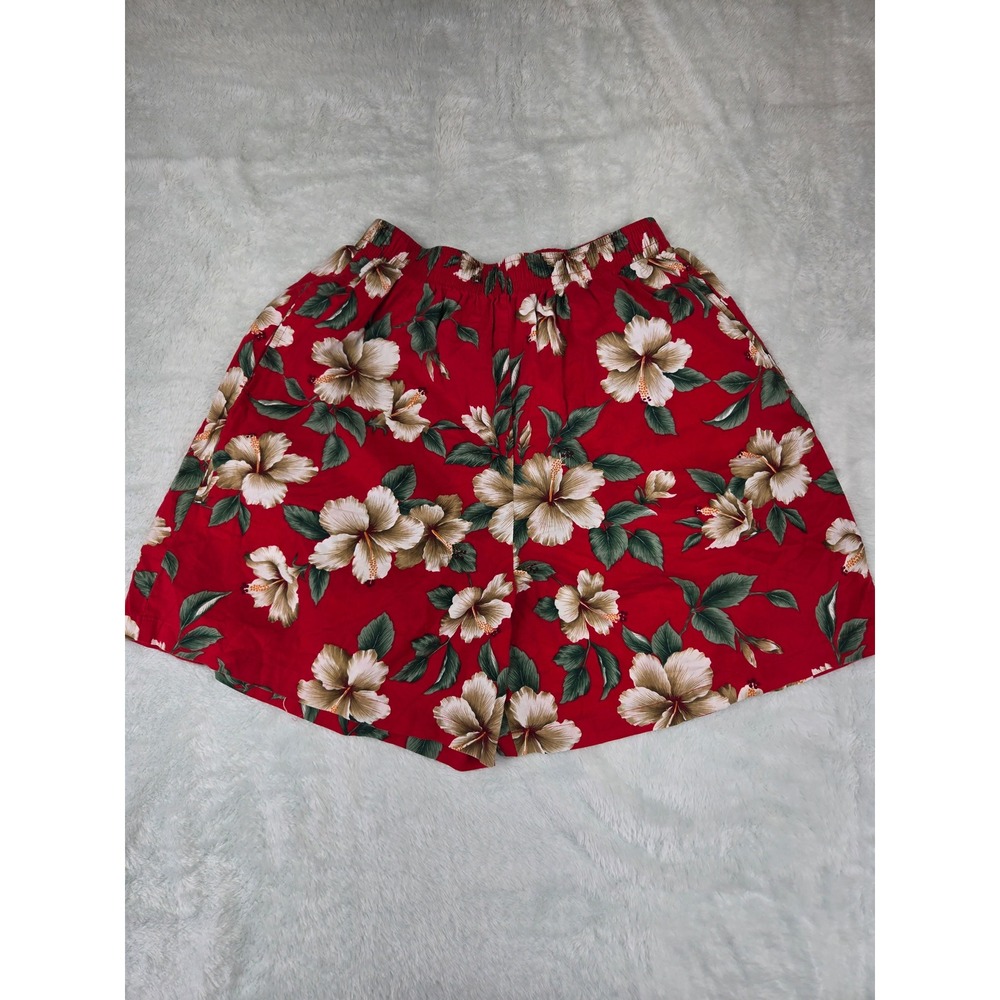 KY's Made in Hawaii Vintage Red Hibiscus Floral Cotton Elastic Waist Shorts L